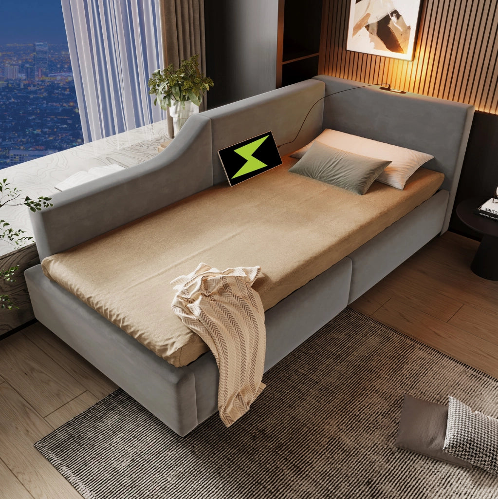 Daybed imbottito 90x200 cm in velluto grigio con vano contenitore, luce e USB-C