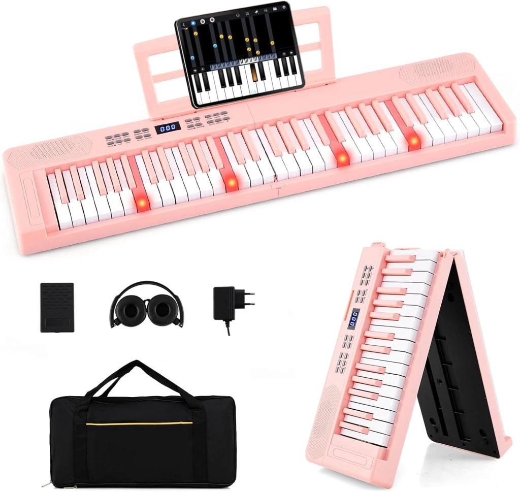 Tastiera Pianoforte Pieghevole a 61 Tasti, Tastiera Elettronica con Funzione MIDI, Cuffie, Pedale Sustain, Pianoforte Digitale Portatile per Principianti (Rosa)
