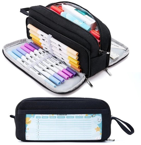 Etui con 3 compartimenti, contenitore con grande capacità, contenitore per ufficio e scuola (nero)