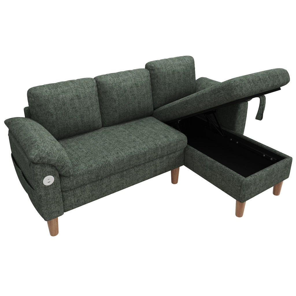 Divano angolare 3 posti con chaise longue contenitore e USB Type-C in ciniglia verde 181 × 125 × 88 cm