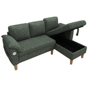 Divano angolare 3 posti con chaise longue contenitore e USB Type-C in ciniglia verde 181 × 125 × 88 cm