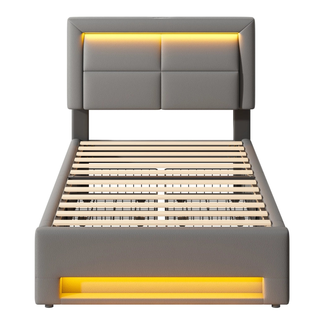 Letto imbottito 90x190 cm con USB, illuminazione LED e 4 cassetti, senza materasso, colore grigio