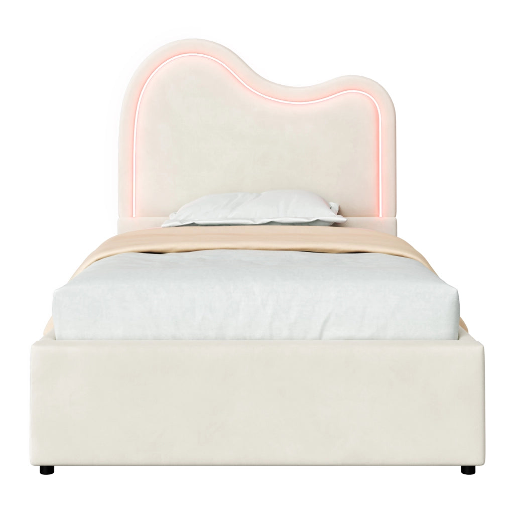 Letto singolo imbottito 90x200 in velluto beige con contenitore e testiera illuminata