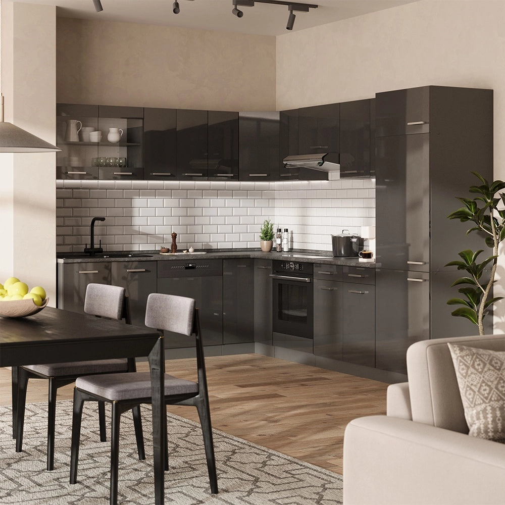 Cucina angolare completa R-Line Antracite lucido/Antracite 287 x 227 cm, PL Marmo Vicco