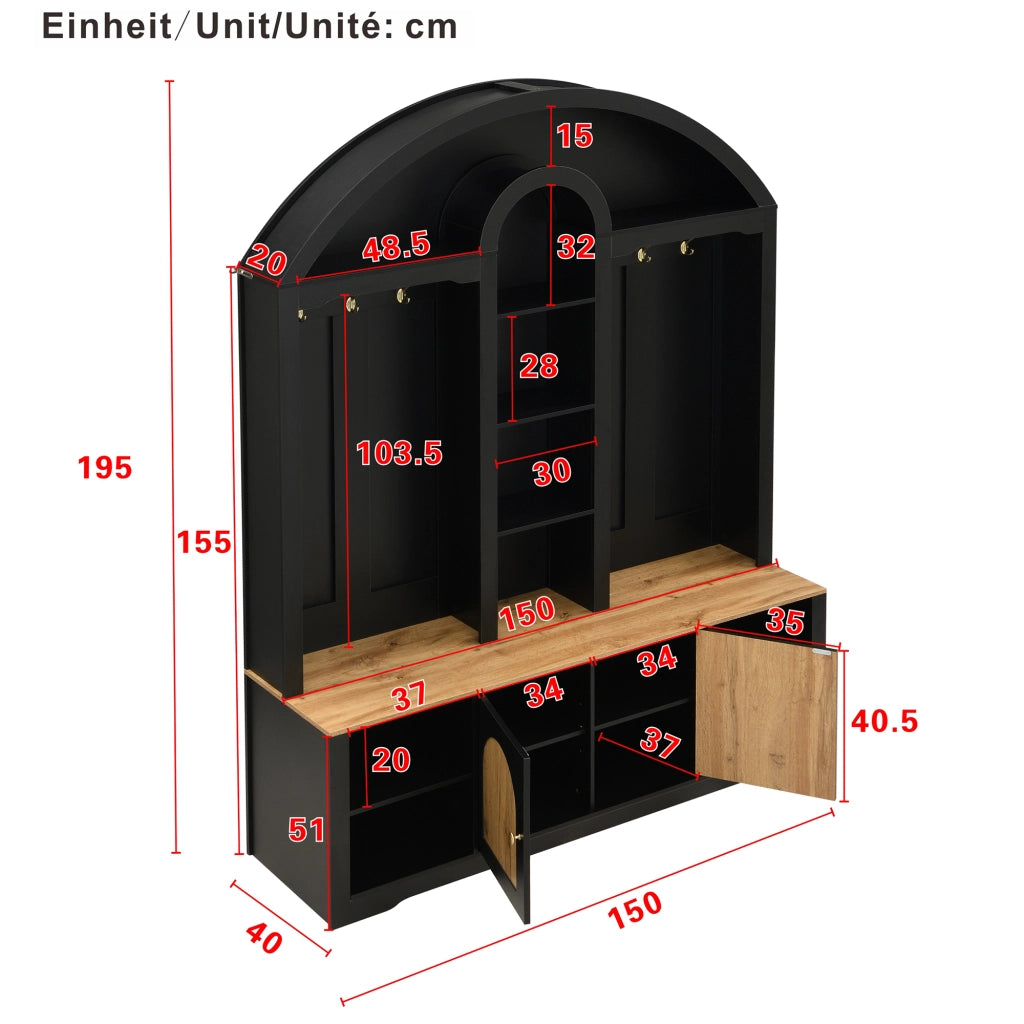 Mobile d'ingresso con 2 Ante; 3 Ripiani Aperti; Ganci e LED USB; Stile Nordico; in MDF; Nero; 150??40??195 cm