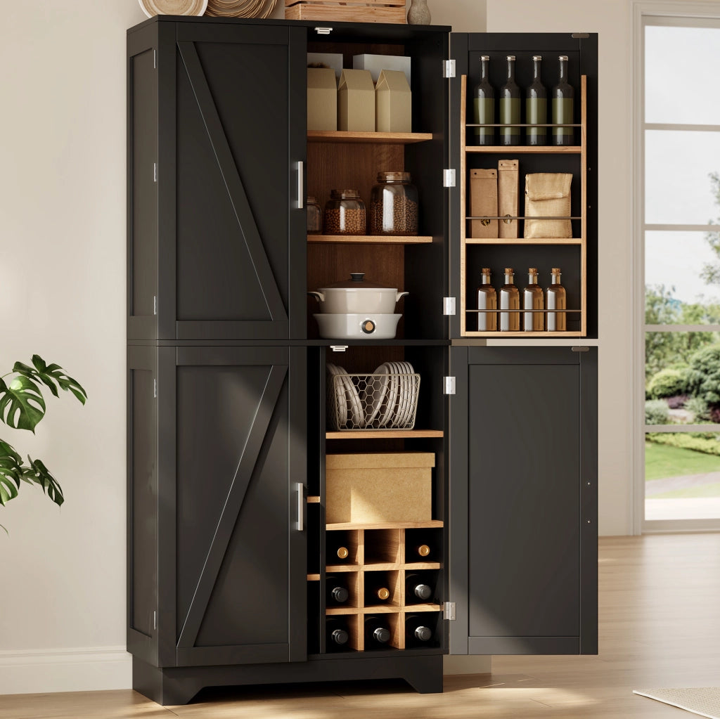 Credenza alta con 4 ante a battente; vani aperti e portabottiglie 80x40x180 cm; MDF nero/naturale