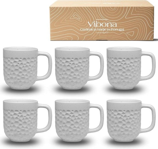 Set di 6 tazze da caffè (380 ml), manufatti in Portogallo, tazze di ceramica, tazze uniche, set di 6 pezzi, grandi tazze da tè, set di 6 pezzi, tazze da caffè (bianco opaco)