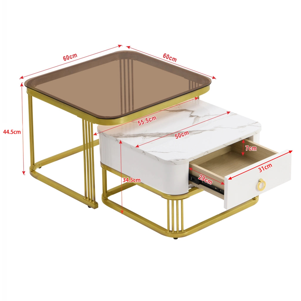Set di 2 tavolini da caffè modulari bianchi e oro con piano effetto marmo e cassetto