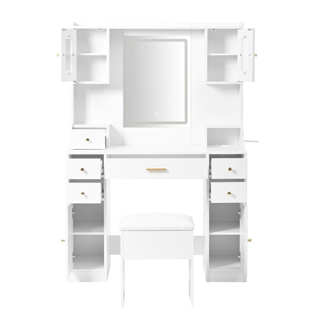 Toeletta bianca con specchio LED, prese, 6 cassetti e 4 ante