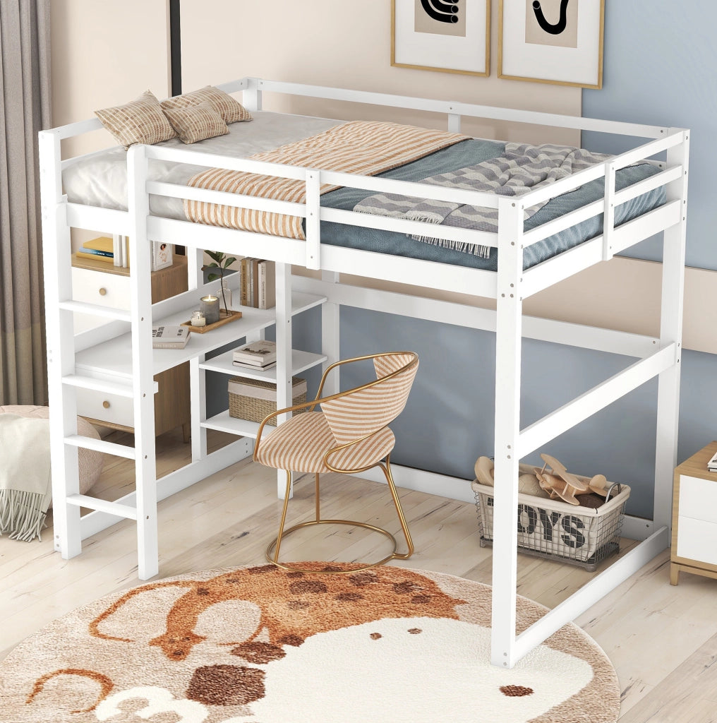 Letto a soppalco 140x200 cm con scrivania e 4 vani portaoggetti in pino bianco antico