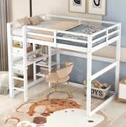 Letto a soppalco 140x200 cm con scrivania e 4 vani portaoggetti in pino bianco antico