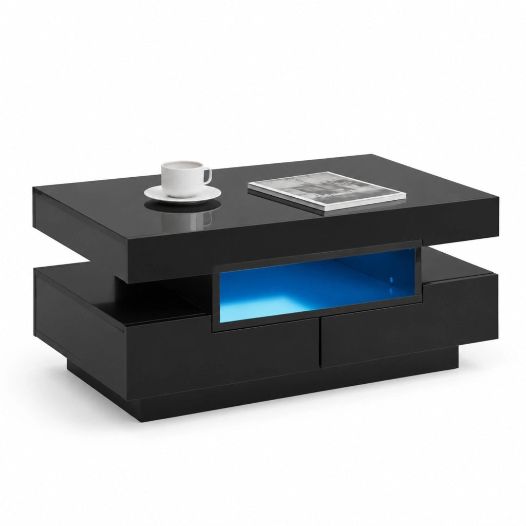 Tavolino da caffè lucido nero 80x50x36 cm con LED; 3 vani aperti e 4 cassetti