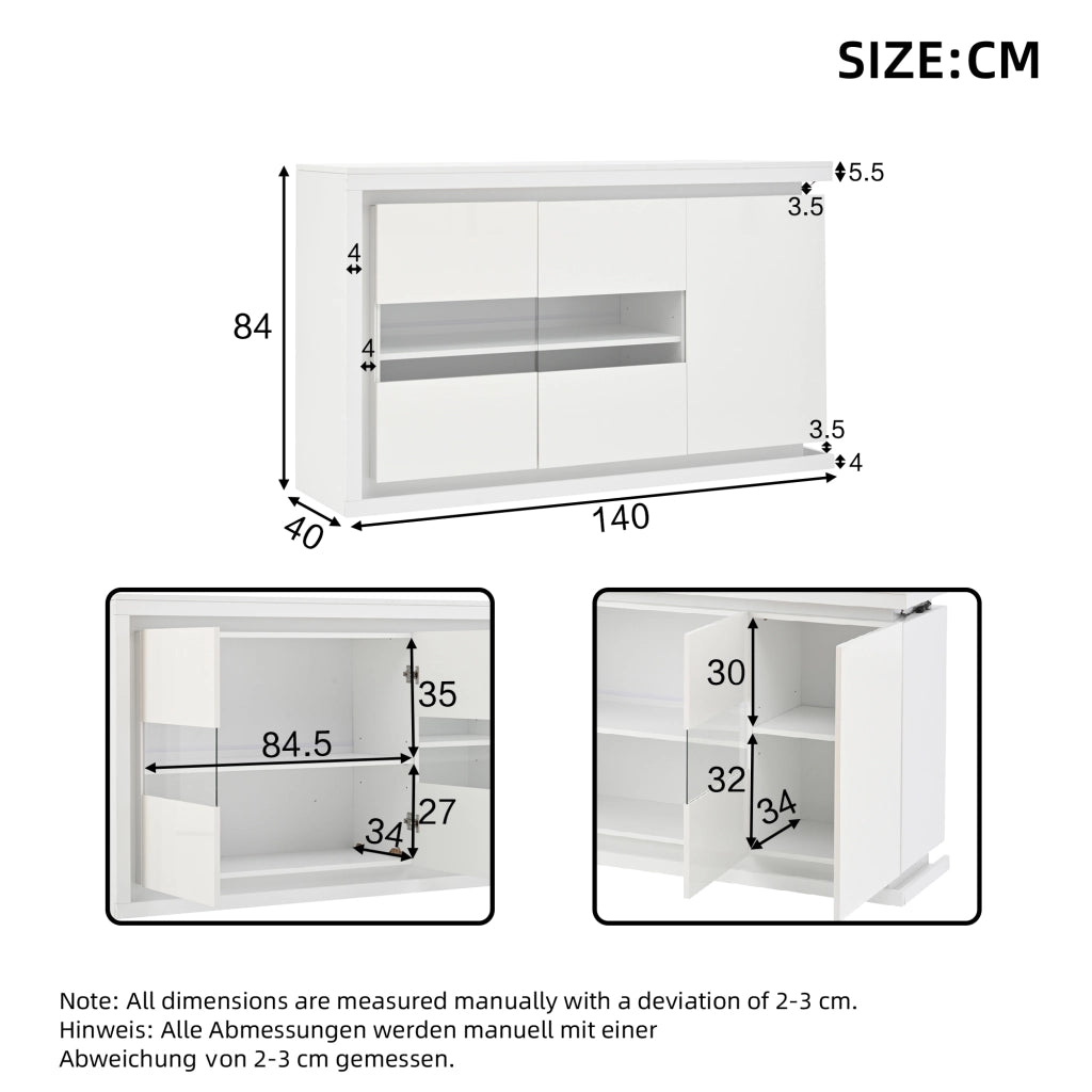 Credenza con LED e 3 ante in truciolare con 2 ante in vetro temperato, per soggiorno e ufficio, bianca, 140 × 40 × 84 cm