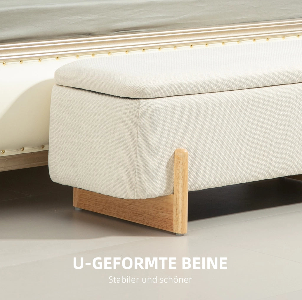 Panca contenitore beige imbottita con gambe in legno