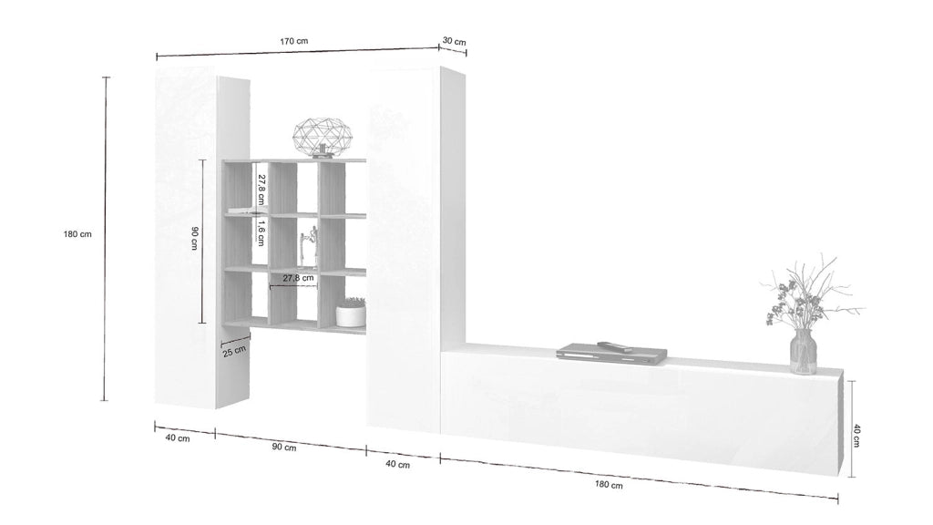 Parete Attrezzata Soggiorno 350x30x180 cm Maruska n°30 Bianco Lucido