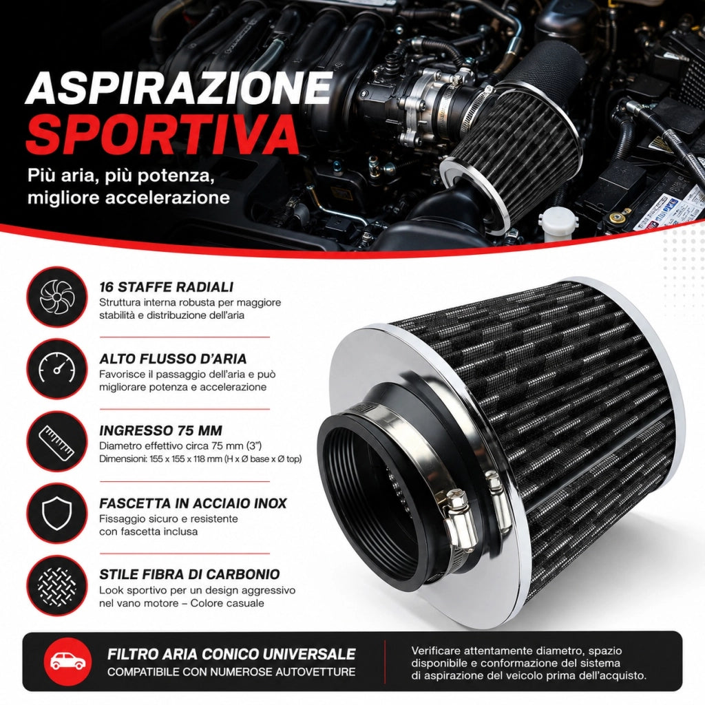 Filtro Aria Conico Auto 76 mm Alto Flusso Universale SY-LQQ0103