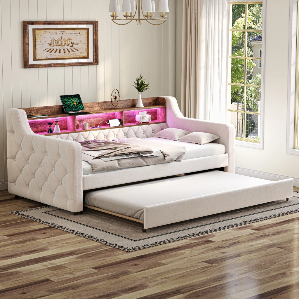 Letto divano estraibile 90 × 190 cm con contenitore, LED regolabile, USB Type-C, senza materasso, in velluto beige