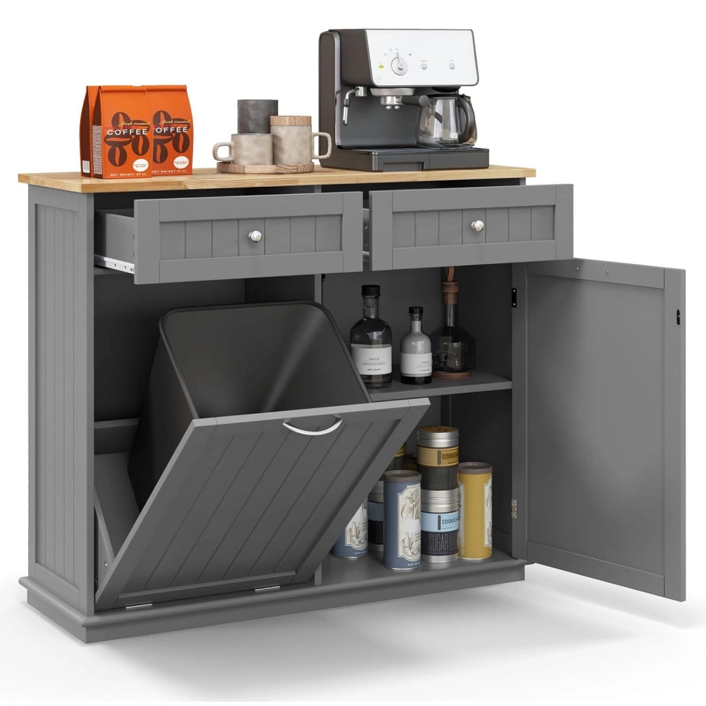 Armadio per Rifiuti da Cucina con Apertura a Ribalta, Mobile per Biancheria Autonomo con Piano in Legno di Gomma, Supporto per Cestino Nascosto, Ripiano Regolabile (Marrone)