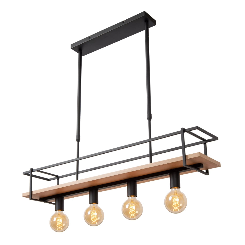 Lampada a sospensione industriale nera/legno Milonga 4xE27