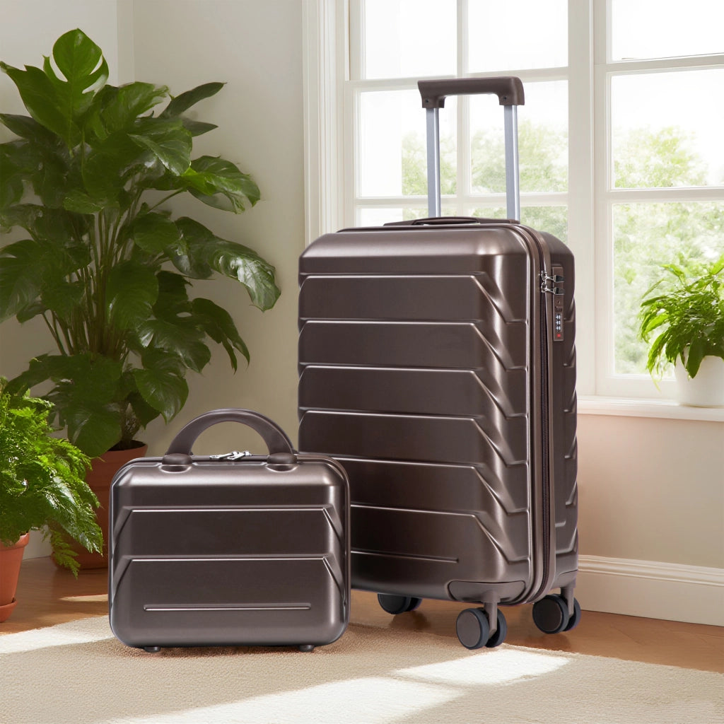 Set di 2 valigie girevoli in ABS da 14"/19" con lucchetto a combinazione e trousse da 14" (marrone)