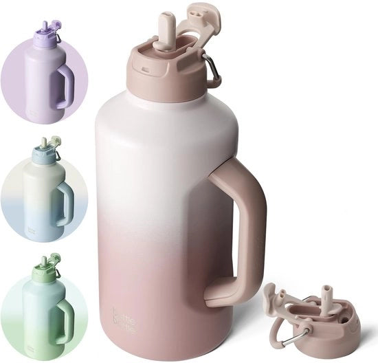 Geïsoleerde bottiglia di acqua con manico e doppio coperchio, bottiglia sportiva in acciaio inox con impugnatura, vuoto in acciaio inox per allenamento e sport, 1,8 l (effetto colorante rosso)