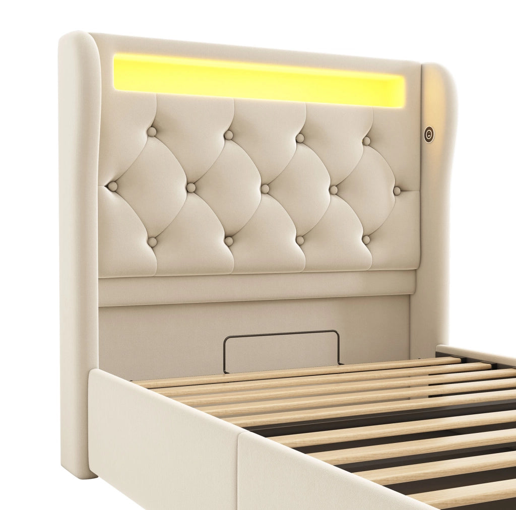 Letto imbottito 90x200 cm con LED; contenitore idraulico; USB e Type-C; beige in velluto