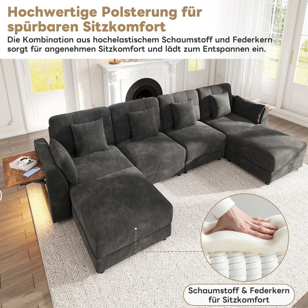 Divano angolare modulare con poggiapiedi e cuscini ¨C Minimal ¨C Grigio tessuto chenille gambe metallo