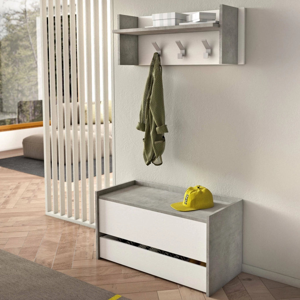 Mobile da ingresso Actinolite, Entratina moderna con appendiabiti, Mobile con scarpiera, Armadietto multifunzione, Cm 50x32h182, Cemento e Bianco