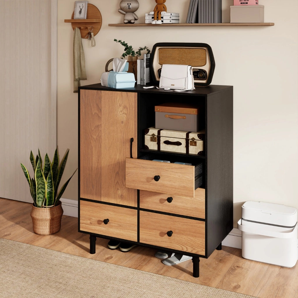 Mobile contenitore moderno met¨¤ secolo con 4 cassetti e scomparto aperto-Buffet sideboard in metallo robuste per soggiorno Naturale