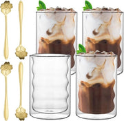 Set di 4 Tazze in Vetro a Doppia Parete per Caffè - 375ml Tazze per Espresso - Include 4 Cucchiai - Ideali per Latte Macchiato Cappuccino Birra Tè Cappuccino