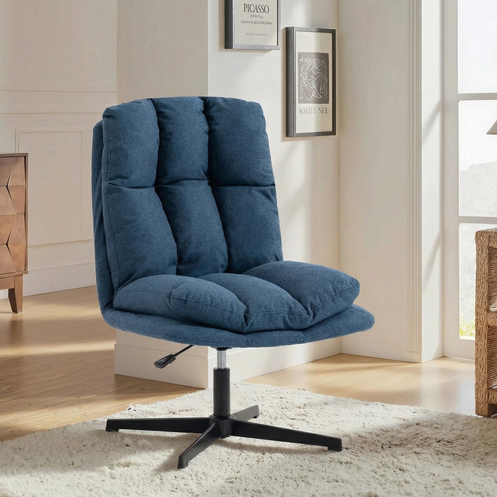 Poltrona Girevole 360¡ã ¨C Xylo ¨C Tessuto Lino Blu Scuro Base Metallo Altezza Regolabile