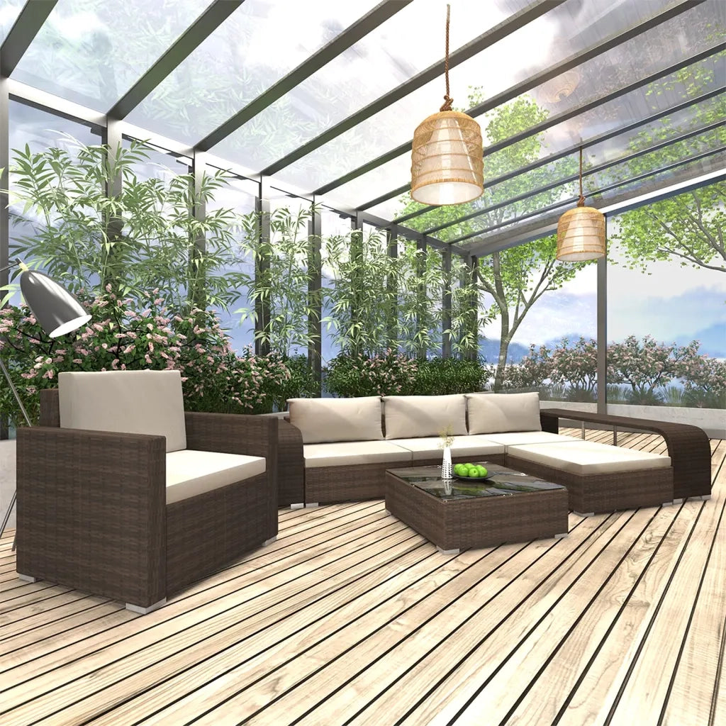 Set Divani da Giardino 8 pz con Cuscini in Polyrattan Marrone 48315