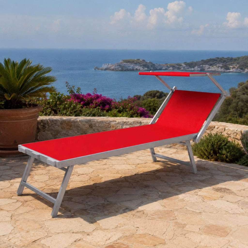 Lettino Prendisole Pieghevole Professionale In Alluminio E Tessuto Textilene Tettuccio Orientabile Tettino Parasole Sdraio Prendi Sole Mare Spiaggia Piscina Giardino 182 x 60 x 38 cm Rosso