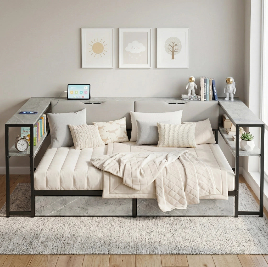 Letto imbottito 140 x 200 cm grigio con cassetti, vani e ricarica USB Type-C