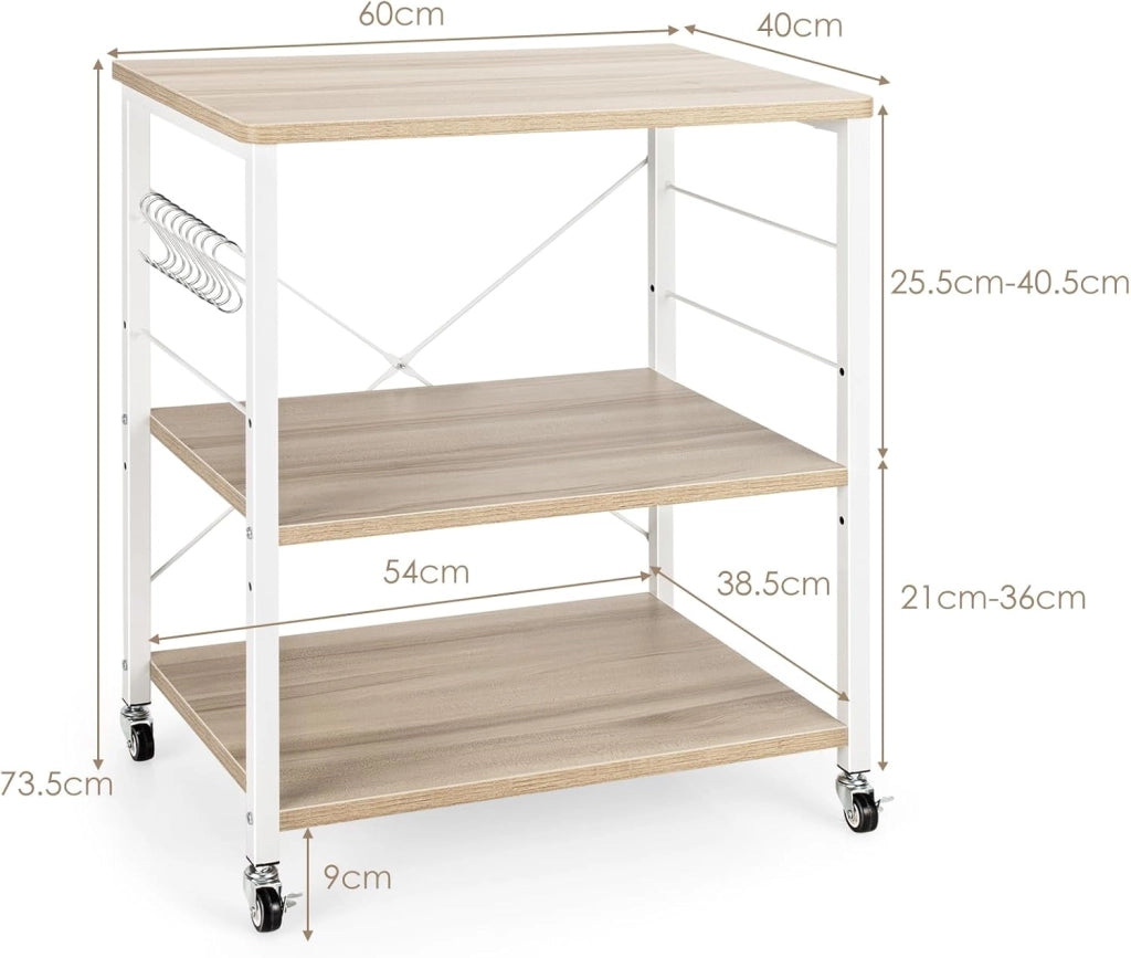 Carrello da Cucina a 3 Livelli con Ripiani Regolabili, Carrello Portaoggetti con 10 Ganci Rimovibili, per Supporto per Microonde, per Cucina e Sala da Pranzo, 60 x 40 x 73 cm (Beige)