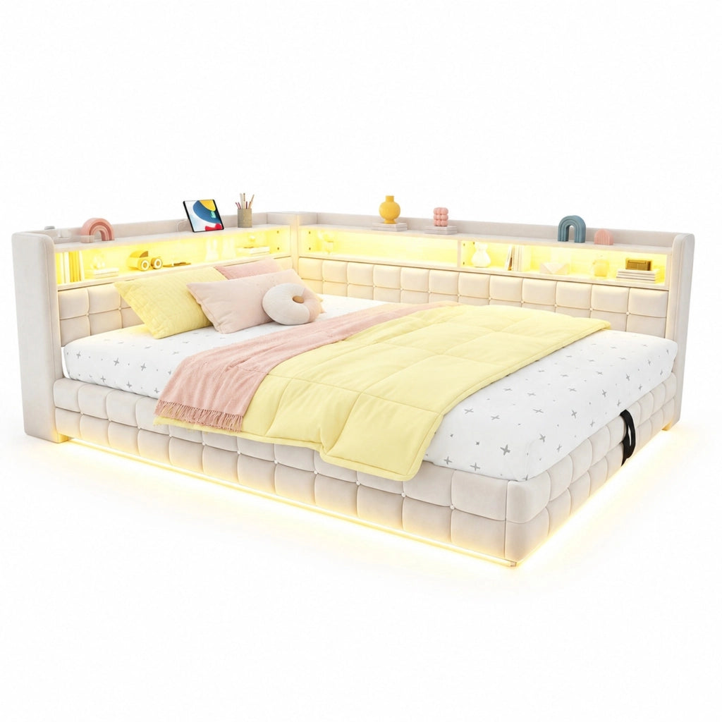 Divano letto 140x200 cm con contenitore idraulico, LED e prese USB-C in velluto beige