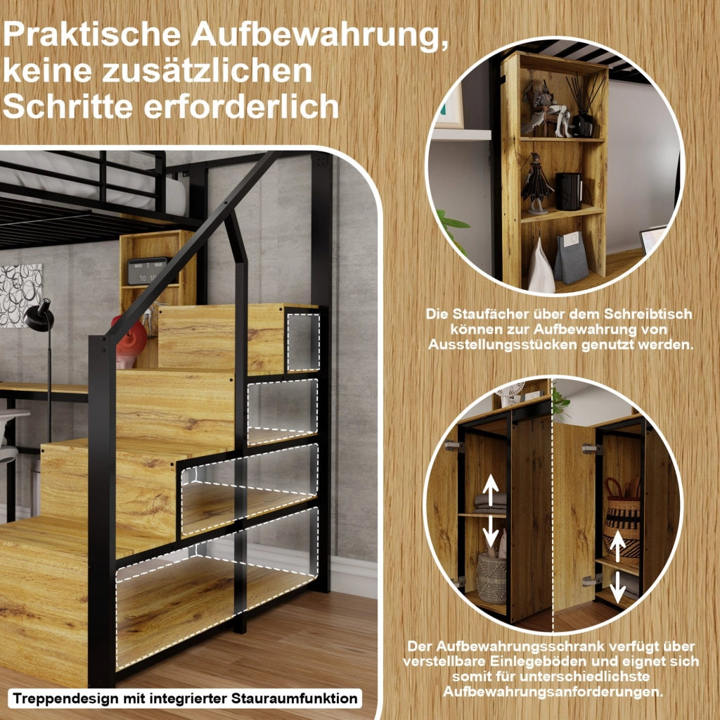 Letto a soppalco nero con scrivania, armadio, scala contenitore e USB