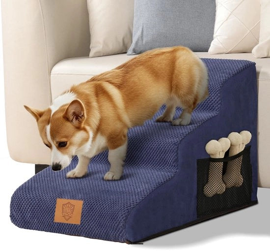 Trappola per Piccoli Cani e Gatti, 3 gradini per Cani per Letto e Divano, Rampino per Cani in Schiuma di Alta Qualità, Trappola Portatile per Animali con Copertura, Blu