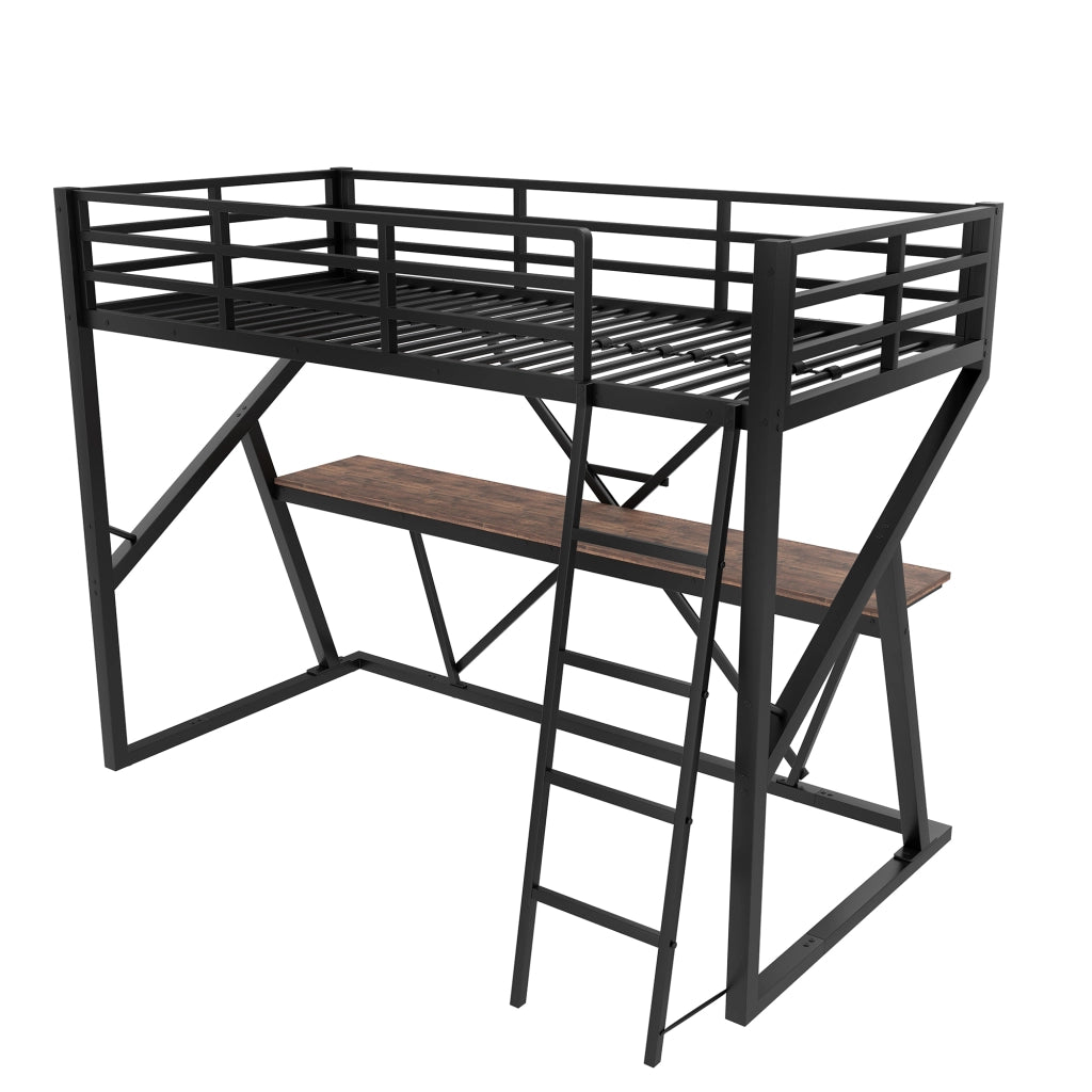 Letto a castello nero in metallo con funzione scrivania led e parapetto 90x200 cm