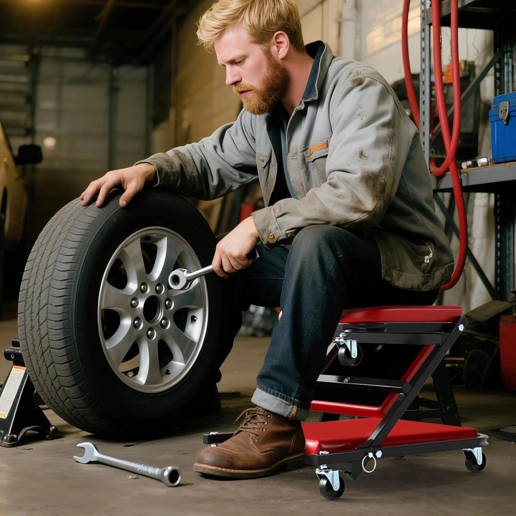 COSTWAY 2 in 1 Sgabello da Officina a Forma di Z, Carrello Meccanico sotto Auto con Sedile Imbottito e Ruote Girevoli a 360°, Portata 150 kg, per Garage e Officina (Rosso)