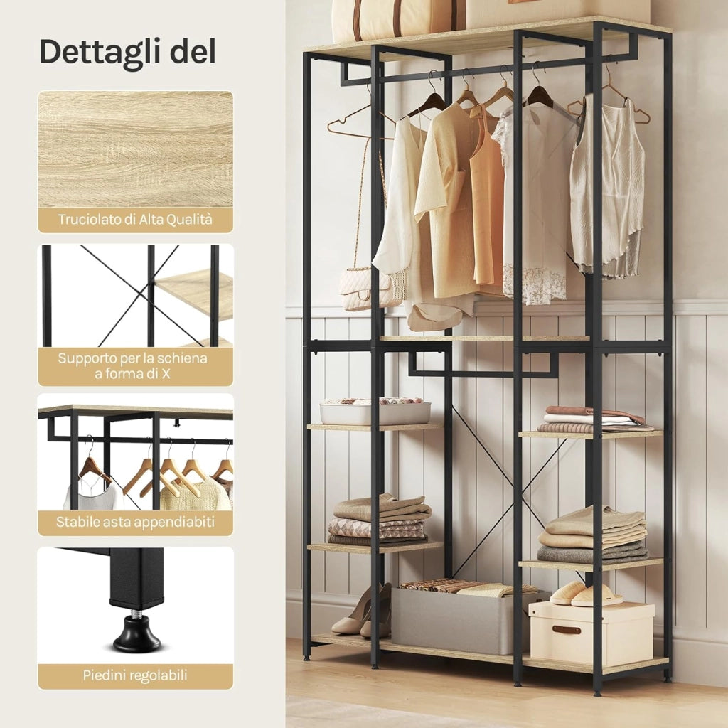 Stand Appendiabiti con Ripiani Attaccapanni Guardaroba Scaffale Porta Abiti in Legno Acciaio 120x40x201 cm