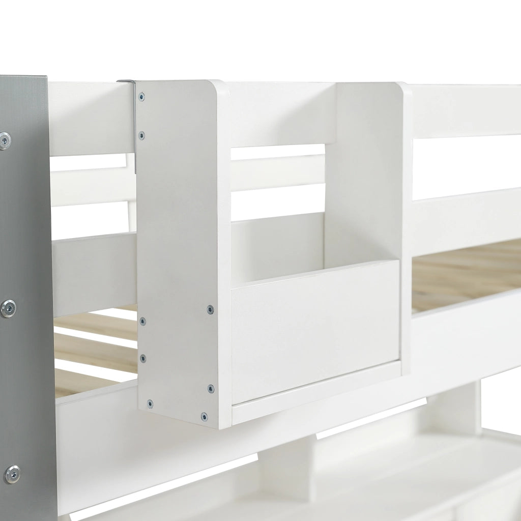 Letto a soppalco 90x200 cm con scrivania e scala contenitore in pino bianco e grigio