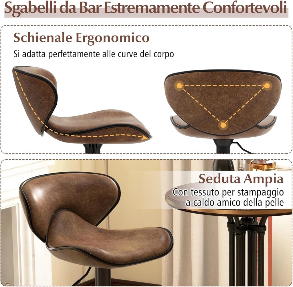 Set di 2 Sgabelli da Bar con Altezza Regolabile, Sgabello da Cucina Imbottito e Girevole a 360° con Schienale, Poggiapiedi e Base Metallica, Sgabelli in Tessuto per Stampaggio (Marrone)