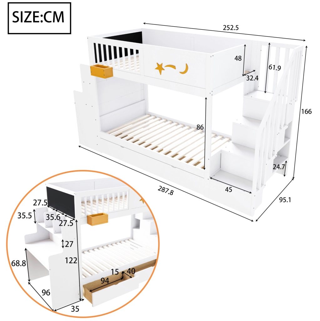 Letto a castello per bambini 90x200 cm in legno di pino bianco con scrivania; scala e cassetti