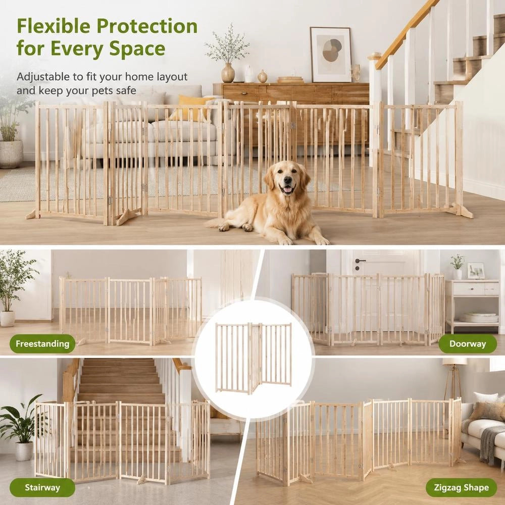 9-piece Dog Gate With Door, Foldable, 450 Cm, Poplar Wood