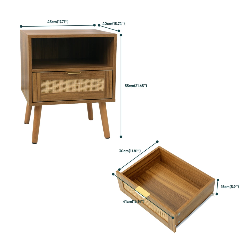 Comodino boho in rattan con cassetto e ripiano aperto color noce