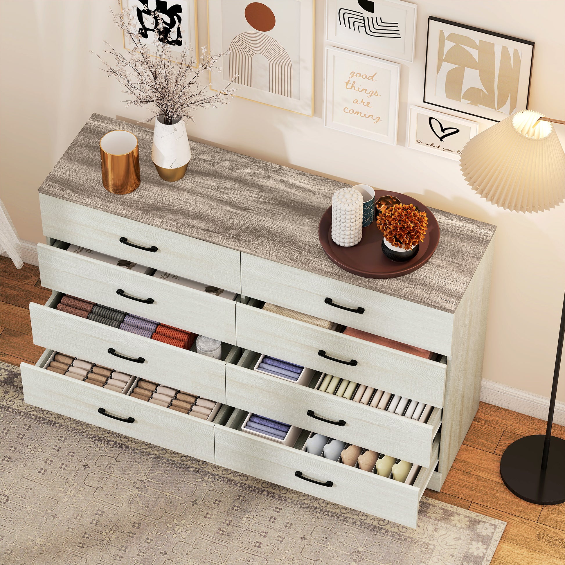 Cassettiera 8 Cassetti Moderna 140x40x86 cm in Legno Noce e Grigio Chiaro