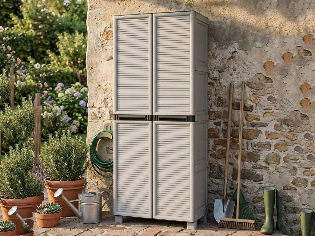 Armadio multiuso da esterno o Allain, Mobile a 1 anta e 3 ripiani in polipropilene, 100% Made in Italy, cm 70x39h172, colore Grigio chiaro