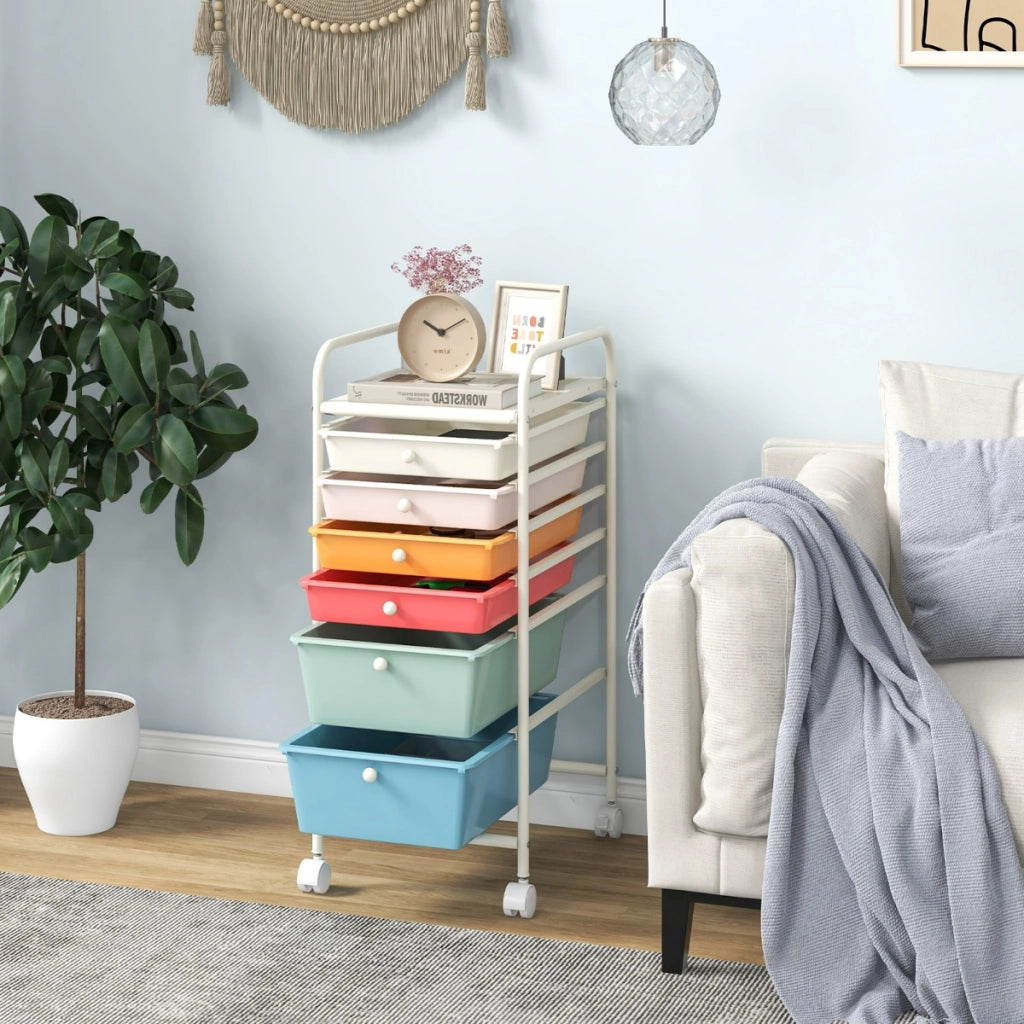 Carrello cassettiera multiuso con 6 cassettiera in plastica con ruote-Scaffale-Carrello per cucina 43,5x34x76cm Colorato