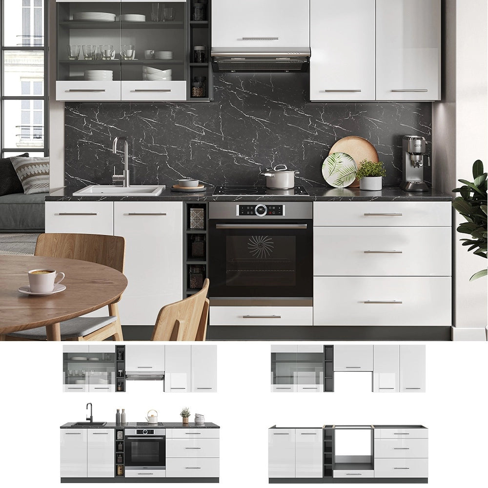 Cucina componibile Fame-Line Bianco lucido/Antracite 235 cm, PL Marmo Vicco